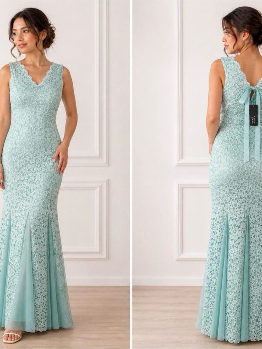 Scalloped V-Neck Lace Mermaid Dress in Mint Green
